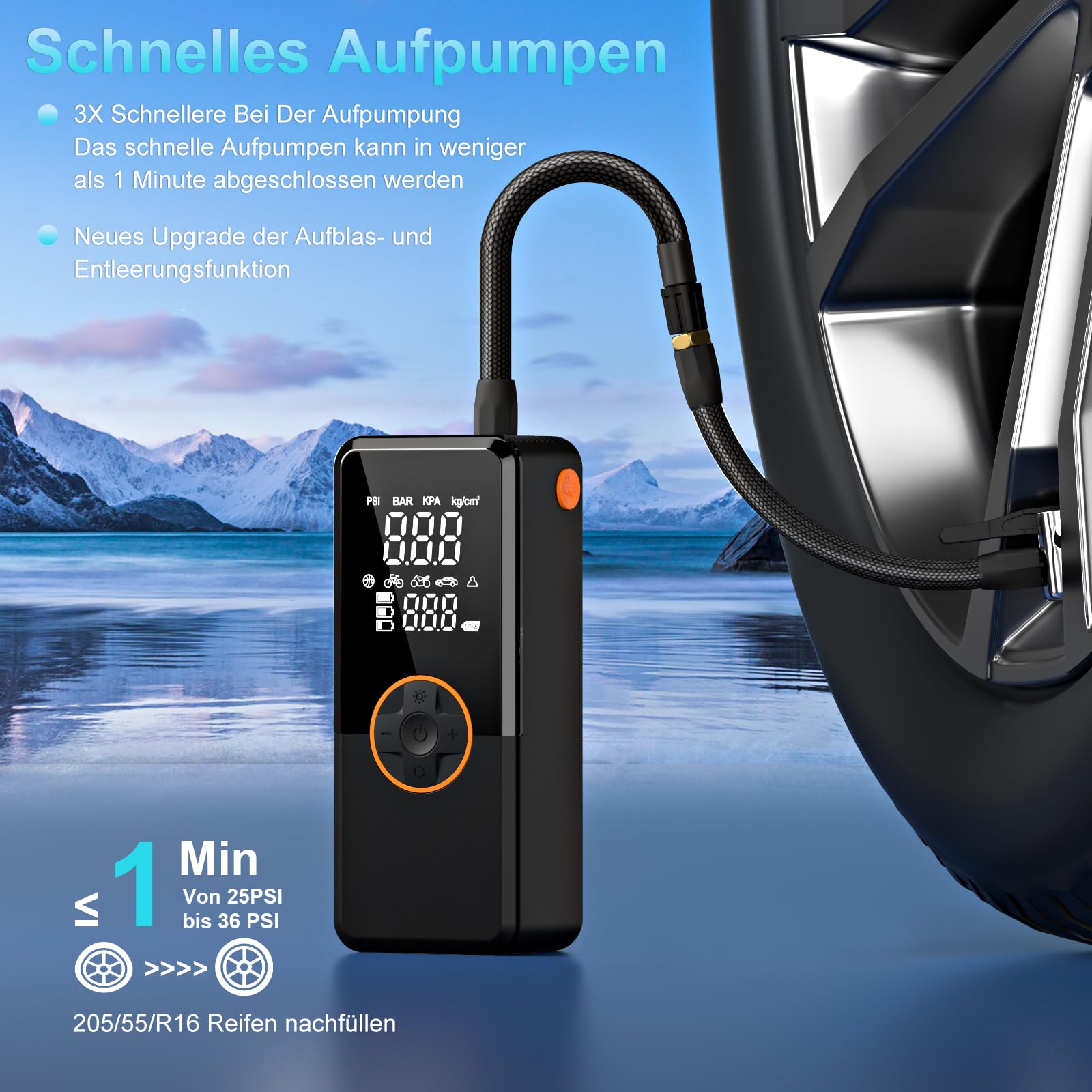 Elektrische Luftpumpe, Luftpumpe Elektrisch mit 10000mAh Akku, 150PSI Tragbar Mini Kompressor mit Manometer, Fahrradpumpe Elektrisch mit Digital LCD Bildschirm für Fahrräder, Motorräder, Auto & Bälle
