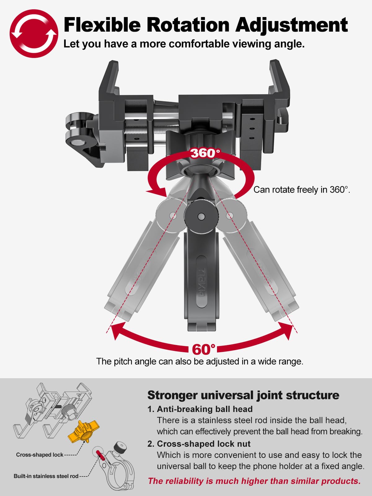 Tiakia Handyhalterung Fahrrad Aluminium Motorrad Handyhalter 6 Krallen mit 360° Drehung, Universal Handyhalter Werkzeugfreie Installation Handyhalterung Fahrrad für 4,5-7 Zoll-Telefone
