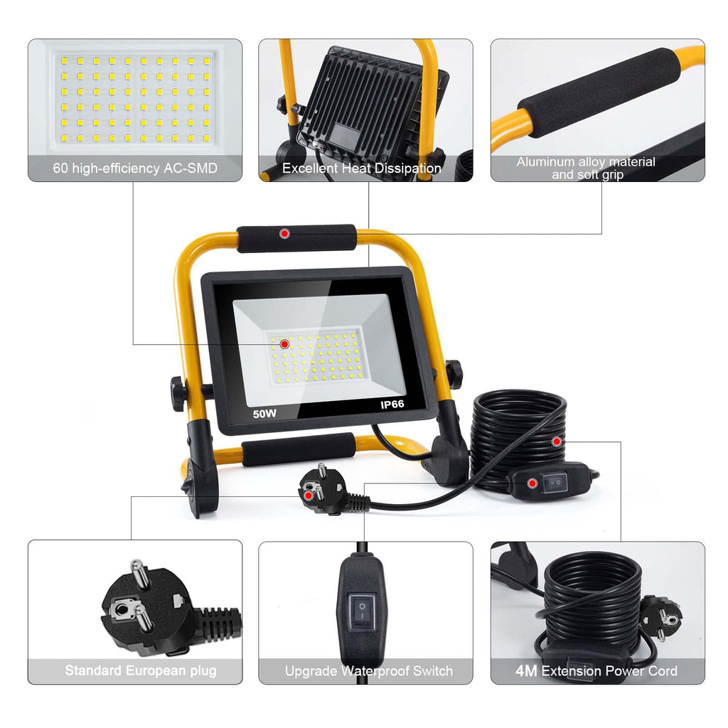 LED Baustrahler, 50W 5000LM Arbeitsleuchte, LED Arbeitsleuchte mit Stecker, IP66 Wasserdicht Baustrahler mit 4M Kabel, Tragbar für Werkstatt oder Baustelle,Garage, 6500K
