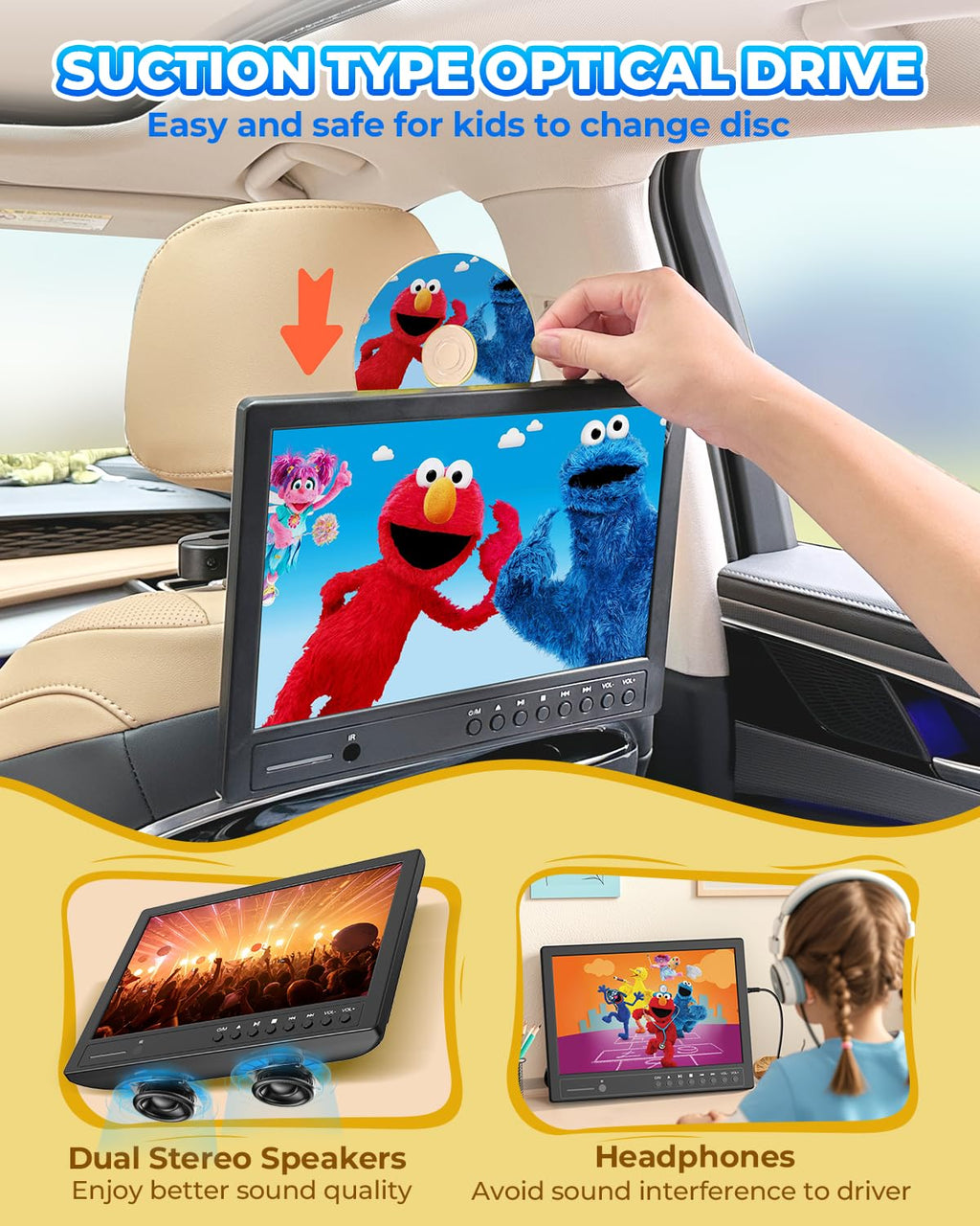 Arafuna 12,5 Zoll DVD Player Auto,1080p Auto Fernseher, DVD Player Auto Kinder Supporte l'entrée USB/TF, HDMI, AV, Non Rechargeable (Grauschwarz)