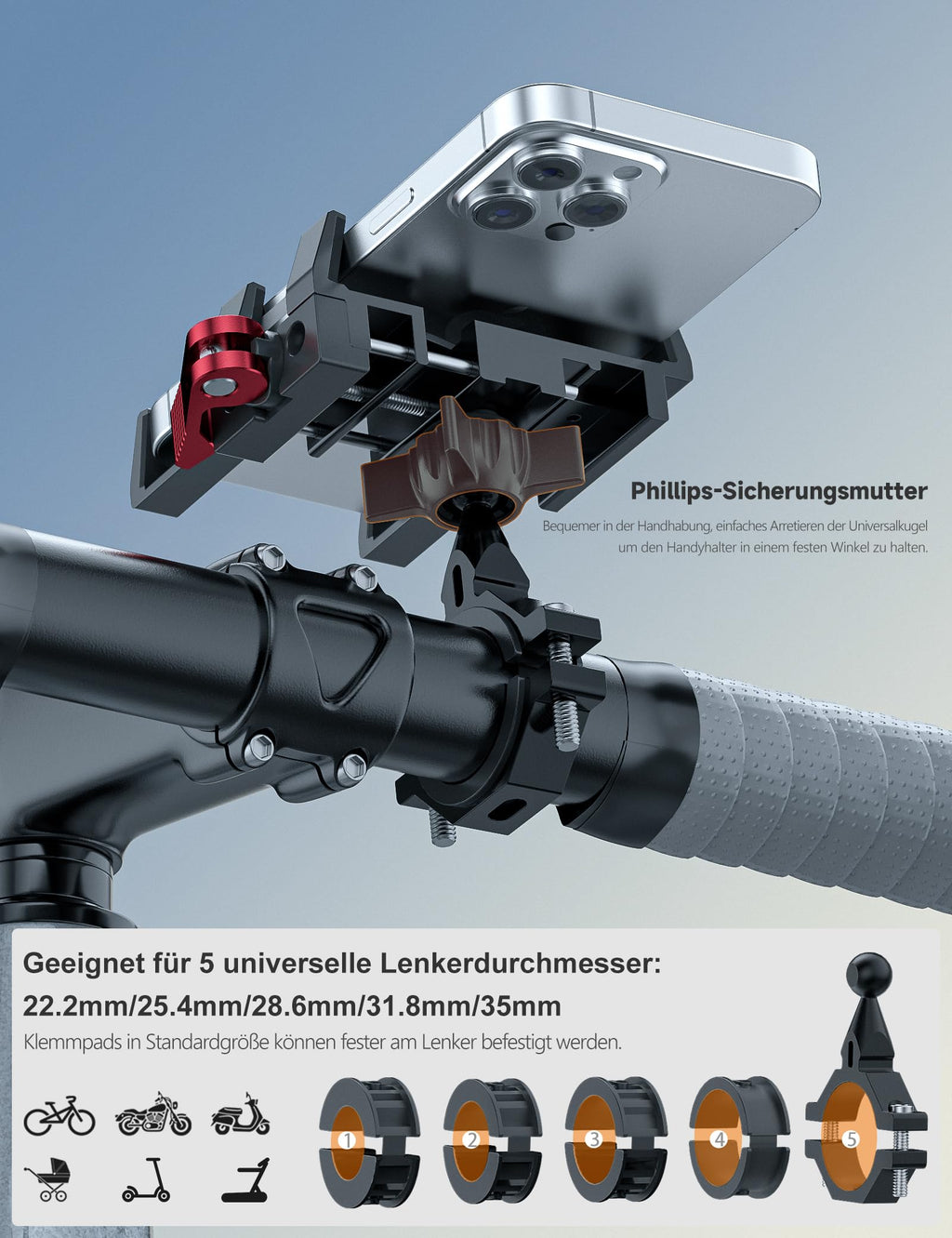 Tiakia Handyhalterung Fahrrad Aluminium Motorrad Handyhalter 6 Krallen mit 360° Drehung, Universal Handyhalter Werkzeugfreie Installation für 4,5-7 Zoll-Telefone (Aufgewertetes Schwarz Rot)