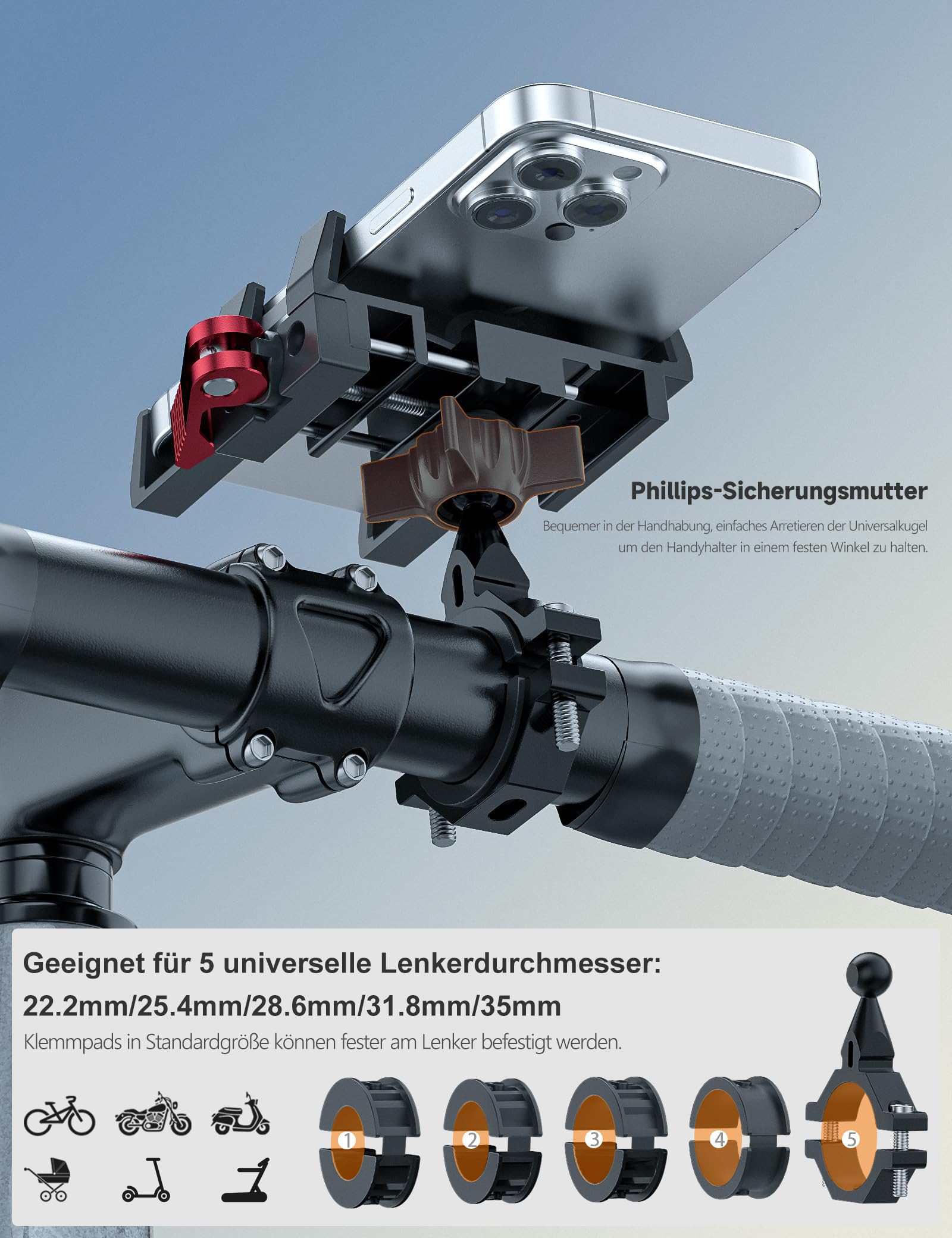 Tiakia Handyhalterung Fahrrad Aluminium Motorrad Handyhalter 6 Krallen mit 360° Drehung, Universal Handyhalter Werkzeugfreie Installation für 4,5-7 Zoll-Telefone (Aufgewertetes Schwarz Rot)