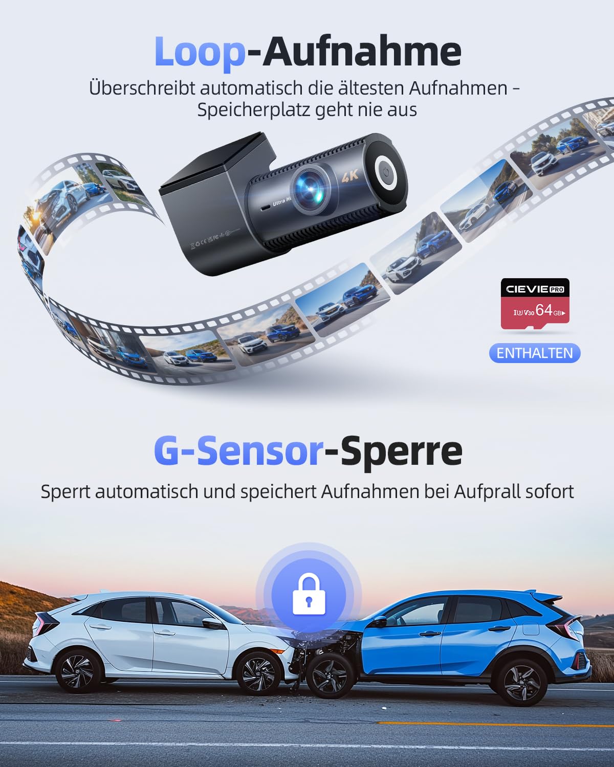 CIEVIE 4K Dashcam Auto Vorne Hinten mit GPS 5GHz WiFi, Dual Dashcam 1,5″ IPS Display, Auto Kamera mit 64GB SD Karte, 170° Weitwinkel, G-Sensor, WDR Nachtsicht, Loop-Aufnahme, Unterstützt 256GB Max
