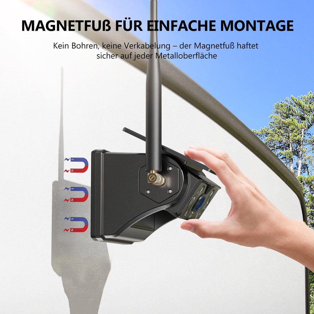 eRapta 2 Magnetische Solar Rückfahrkamera kabellos: 12000mAh Akku, 7'' 1080P Touchscreen IPS-Monitor, 1 Min DIY Installation, IP69K wasserdichte Rückfahrkamera für Wohnmobil Wohnwagen Anhänger LKW