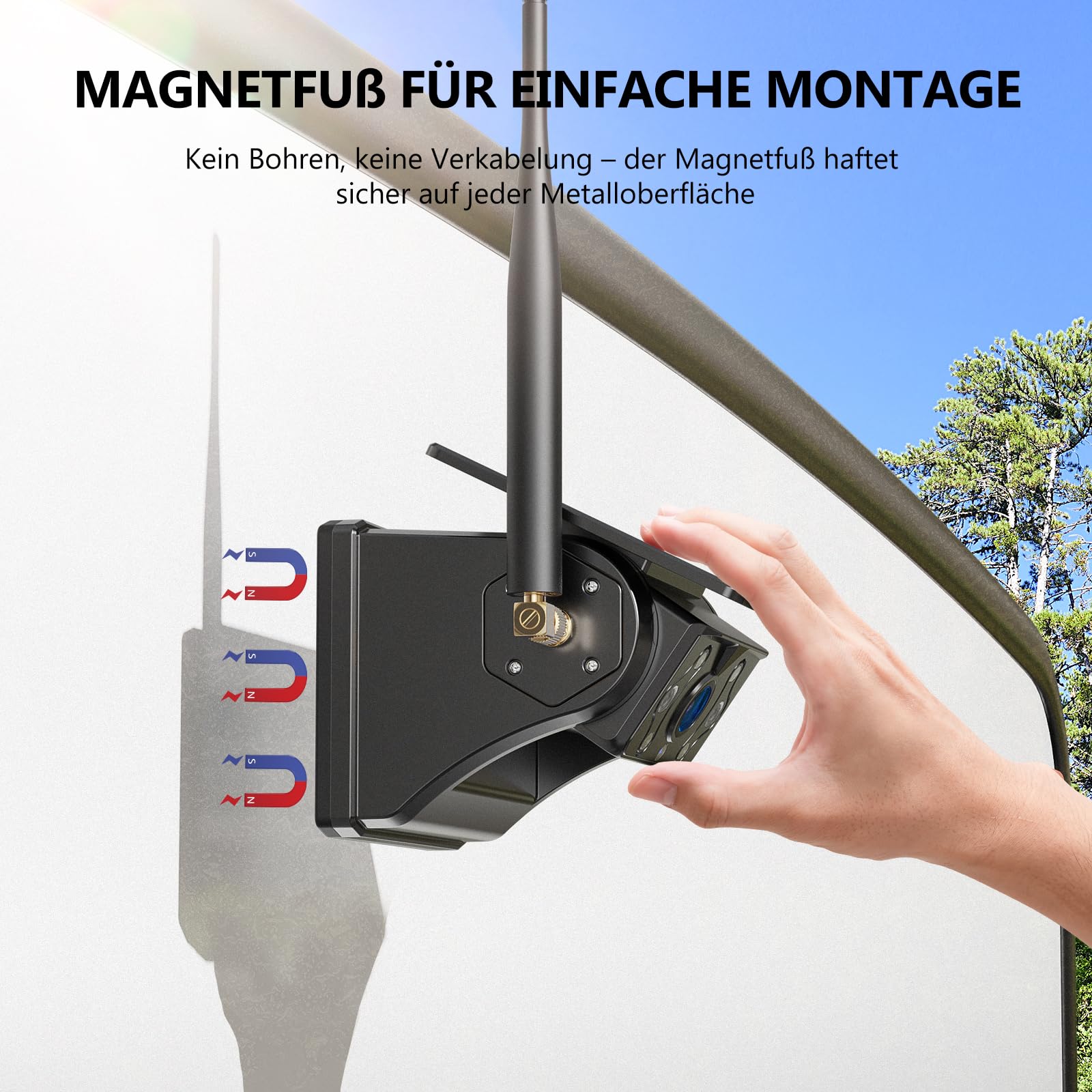 eRapta 2 Magnetische Solar Rückfahrkamera kabellos: 12000mAh Akku, 7'' 1080P Touchscreen IPS-Monitor, 1 Min DIY Installation, IP69K wasserdichte Rückfahrkamera für Wohnmobil Wohnwagen Anhänger LKW