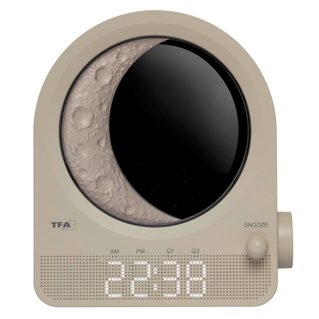 TFA Dostmann Lichtwecker Digital mit Mondlampe, Nachtlicht, Nachttischlampe, White-Noise, Naturgeräusche, Einschlafhilfe, 2 Alarme, 60.2053, Hellgrau, Beige