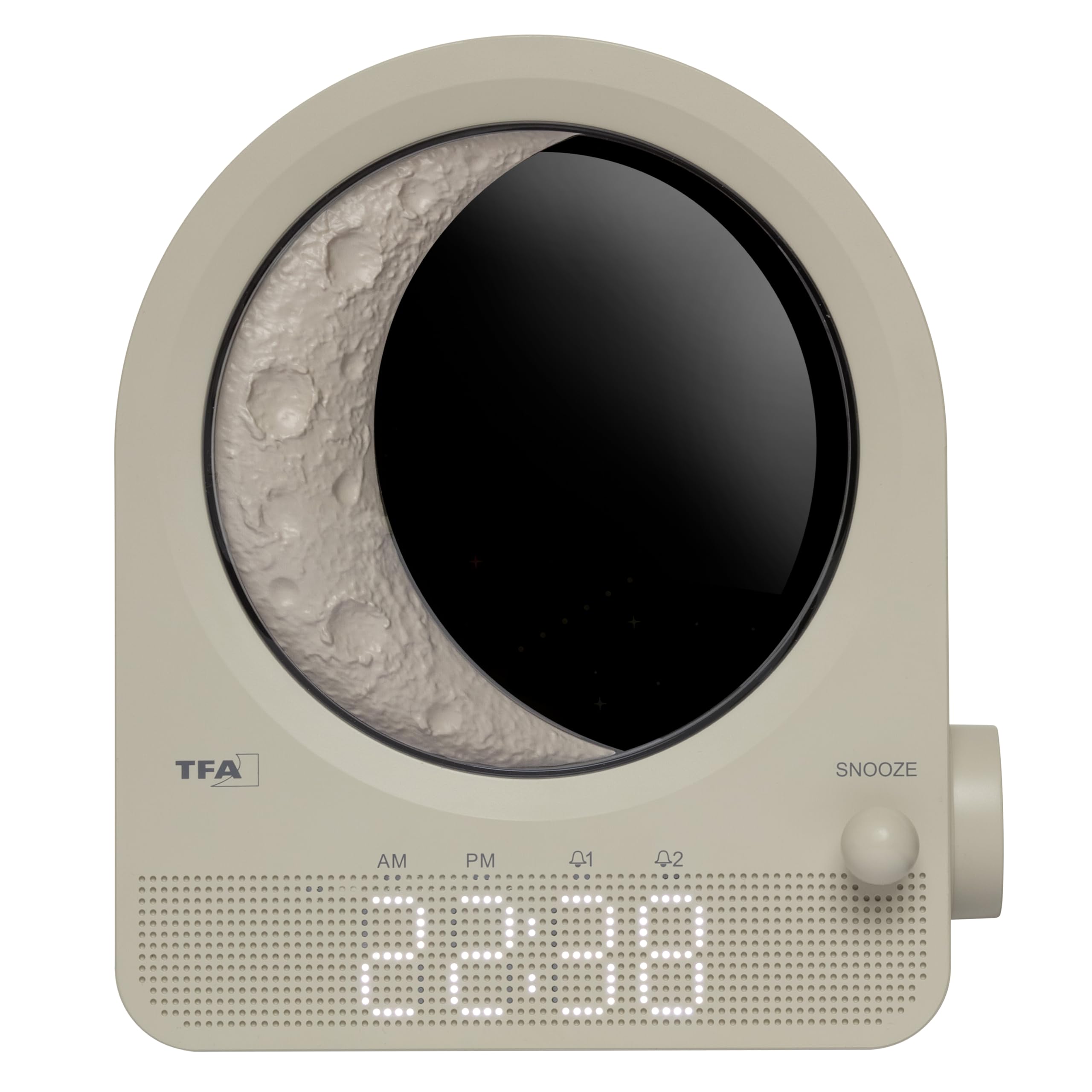 TFA Dostmann Lichtwecker Digital mit Mondlampe, Nachtlicht, Nachttischlampe, White-Noise, Naturgeräusche, Einschlafhilfe, 2 Alarme, 60.2053, Hellgrau, Beige