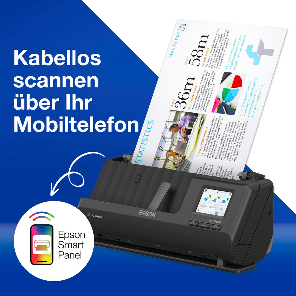 Epson Wi-Fi Scanner ES-C320W, kompakter A4 Business Scanner mit geringem Stromverbrauch, Duplex-Einzugscanner mit vielseitiger Medienverarbeitung, schwarz