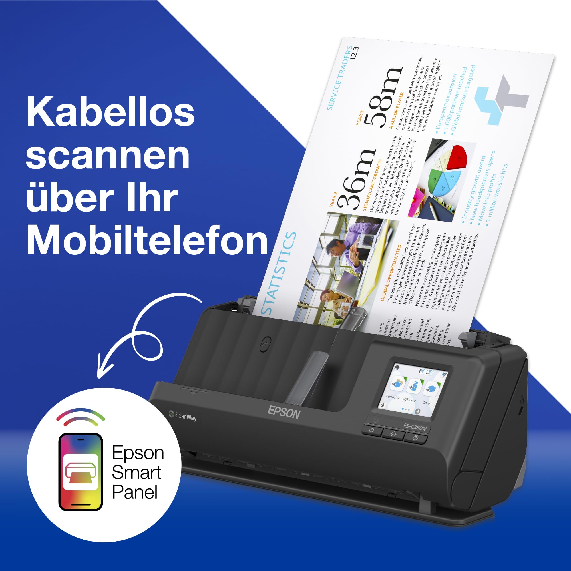 Epson Wi-Fi Scanner ES-C320W, kompakter A4 Business Scanner mit geringem Stromverbrauch, Duplex-Einzugscanner mit vielseitiger Medienverarbeitung, schwarz