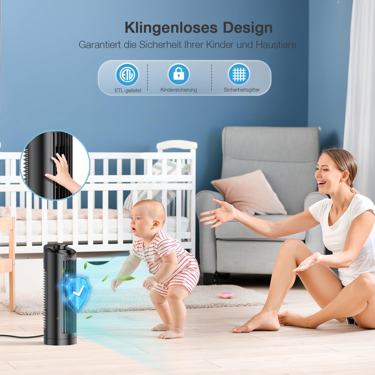 Grelife Turmventilator Leiser, 7,9m/s Geschwindigkeit, 80° Oszillierende Ventilatoren, Schnelle Kühlung Tischventilator für Büro, Zuhause, Schlafzimmer, Schwarz