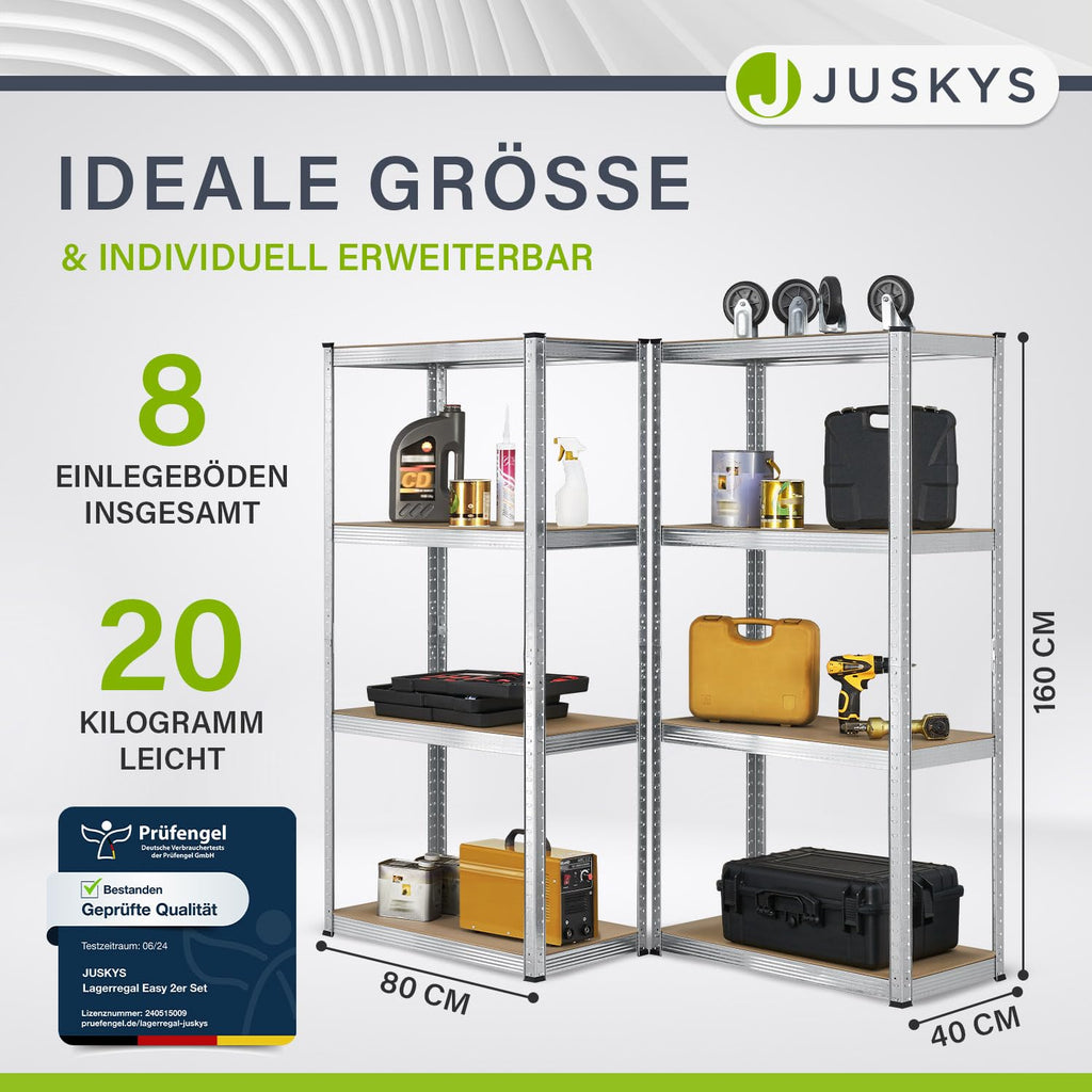 Juskys 2er-Set Lagerregal Easy 2X 160x80x40cm (HxBxT) | 640kg Traglast | 8 Böden | Metall Schwerlastregal Kellerregal Steckregal Regal Regalsystem Metallregal