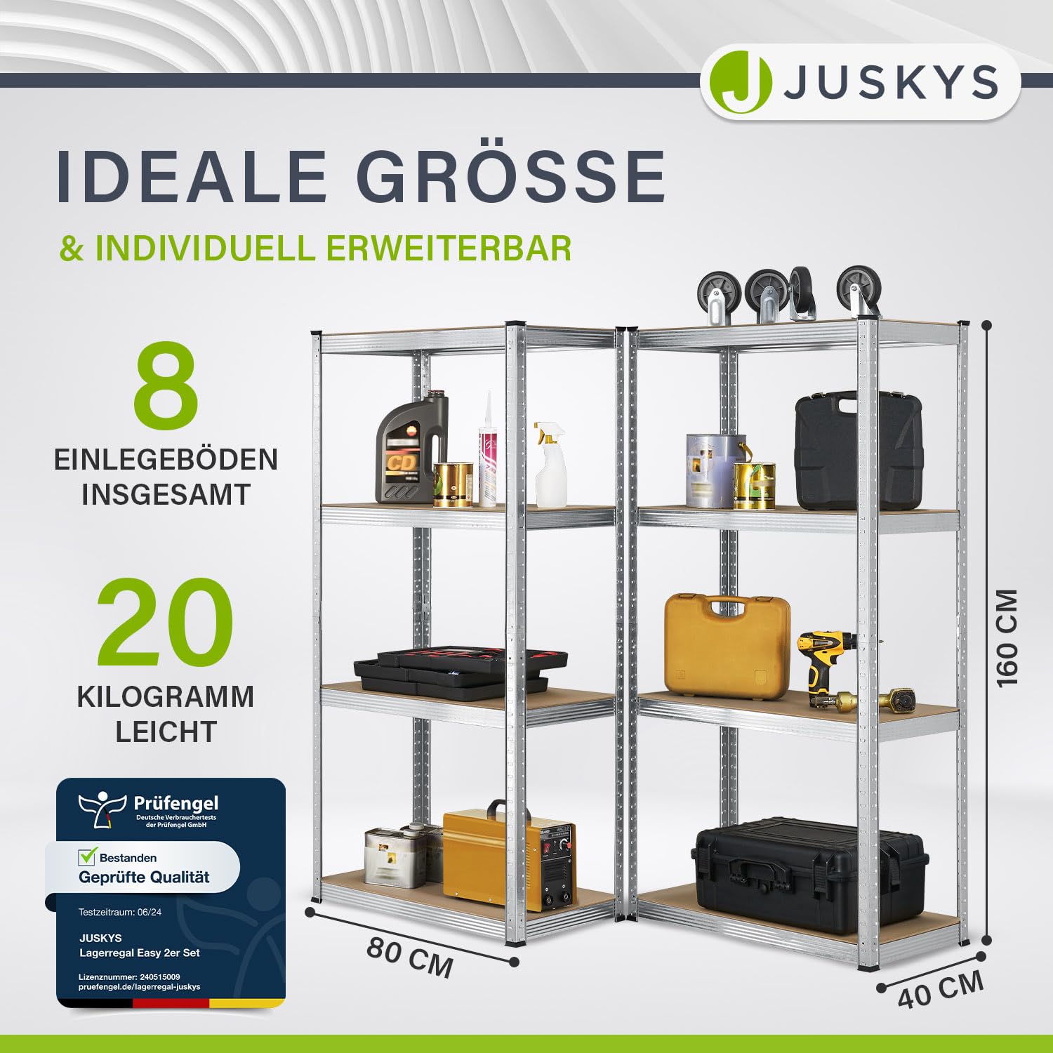 Juskys 2er-Set Lagerregal Easy 2X 160x80x40cm (HxBxT) | 640kg Traglast | 8 Böden | Metall Schwerlastregal Kellerregal Steckregal Regal Regalsystem Metallregal