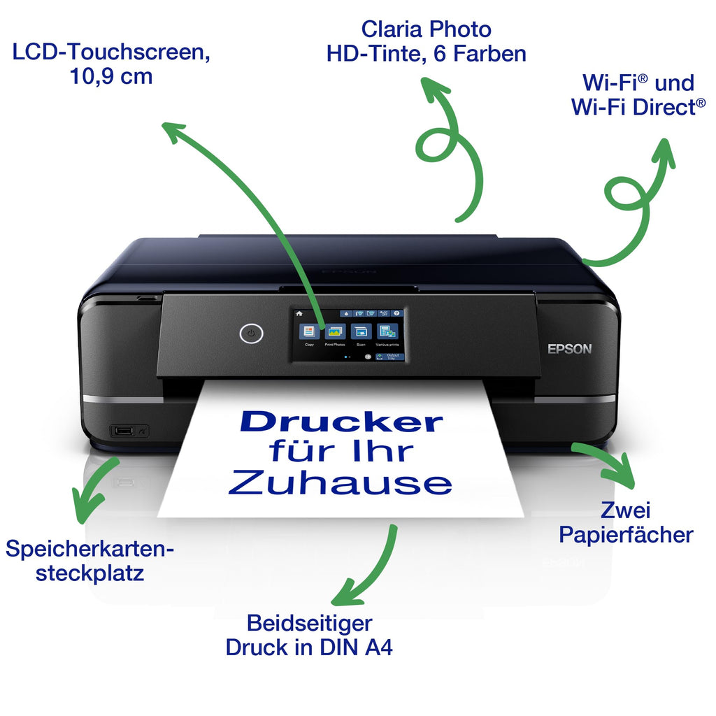 Epson Expression Photo XP-970 3-in-1 Tintenstrahl-Multifunktionsgerät Drucker (Scanner, Kopierer, WiFi, Ethernet, Duplex, 10,9 cm Touchscreen, Einzelpatronen, 6 Farben, DIN A3) schwarz, 10 x 15 cm