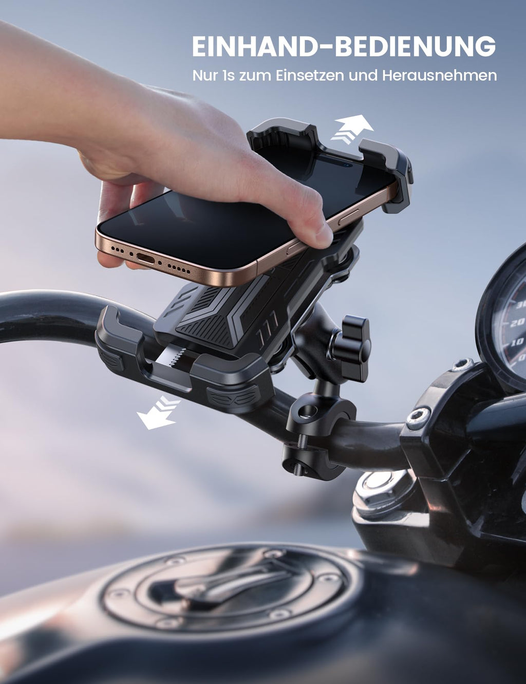 Lamicall Handyhalterung Motorrad, Handyhalter Fahrrad - [Metall-Verlängerungsarm] [Doppelt Vibrationsgedämpft] Handy Motorradhalterung Diebstahlsicher, 720° Drehbarer Lenker Halter für iPhone 17/16/15