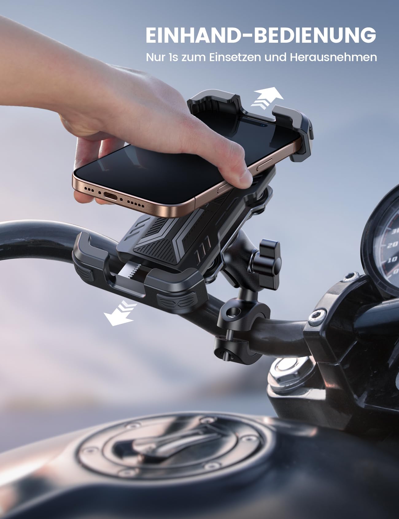 Lamicall Handyhalterung Motorrad, Handyhalter Fahrrad - [Metall-Verlängerungsarm] [Doppelt Vibrationsgedämpft] Handy Motorradhalterung Diebstahlsicher, 720° Drehbarer Lenker Halter für iPhone 17/16/15