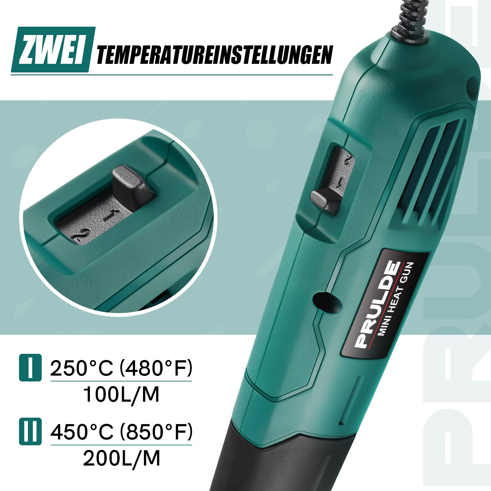 Mini Heißluftpistole - PRULDE Handheld Heißluftföhn 500W Schnelles Aufheizen Heissluftgebläse mit 2 Temperatureinstellungen für Acrylharz Handwerk, Basteln, Epoxidharz, Schrumpffolie