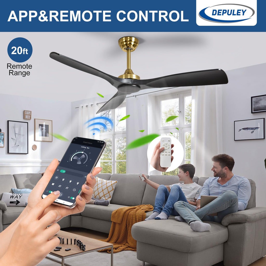Depuley Groß Deckenventilator ohne Licht: 132CM Ventilator mit Fernbedienung und APP für Terrasse Garten - Leise Deckenventilator, Reversibler DC Timer für Schlafzimmer, Wohnzimmer, Schwarz und Gold
