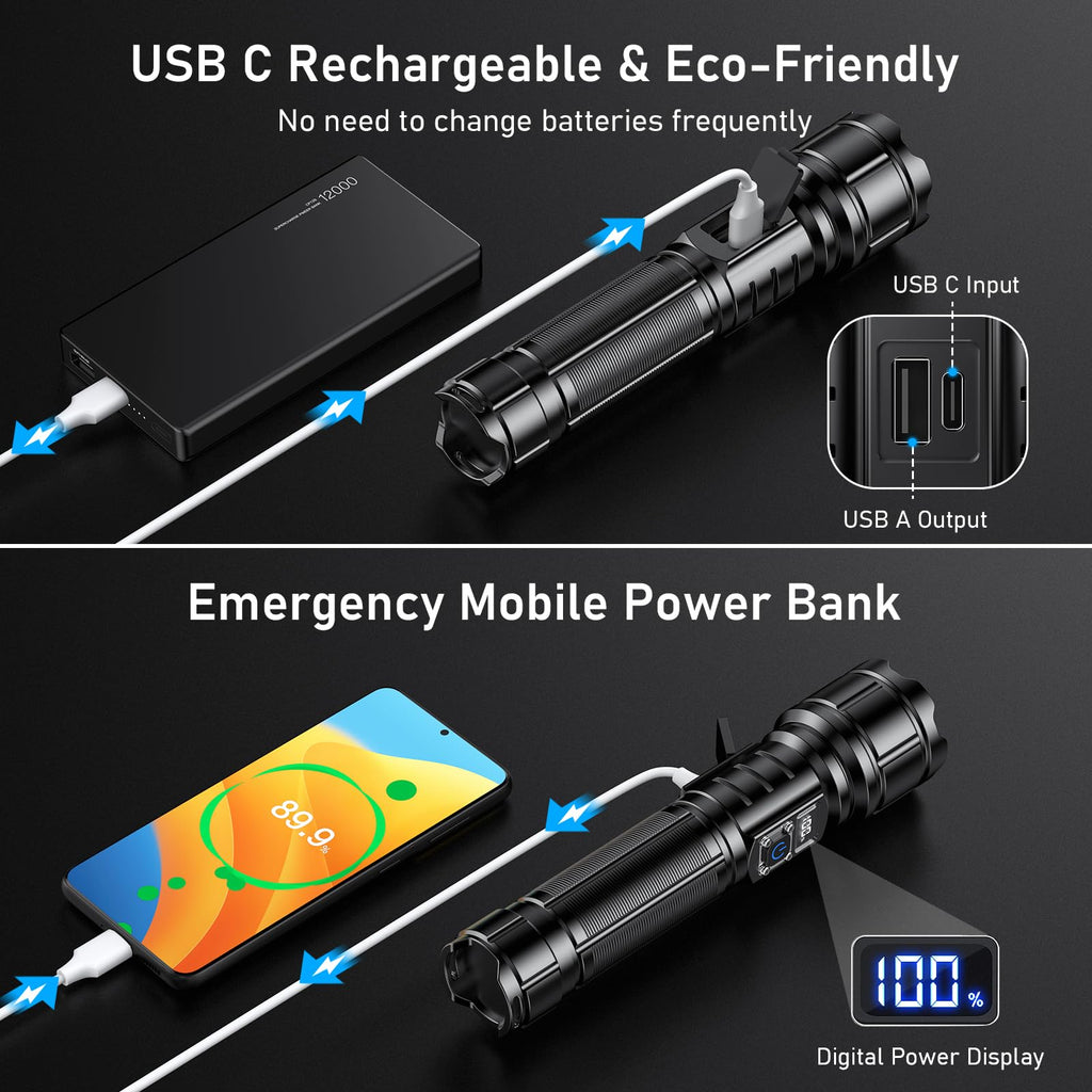 Blukar Taschenlampe LED Aufladbar, Extrem Hell Hohe Helligkeit Taschenlampen Zoombare Handlampe mit 5 Lichtmodi, IP67 Wasserdicht Flashlight Torch für Camping, Outdoor, Notfäll