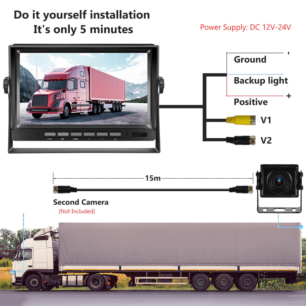 Hodozzy Rückfahrkamera Set AHD mit 7 Zoll LCD Monitor & Kamera Nachtsicht IP69 Wasserdicht für LKW, Anhänger, Bus, PKW, Wohnmobile, Vans (12V-24V), mit 15m Kabel