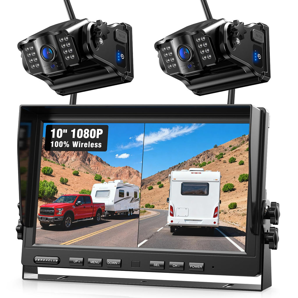 2 Magnetische Rückfahrkamera Kabellos, 10 Zoll 1080P FHD Monitor, 9600mAh Wiederaufladbare Akku, 1-Min Einrichtung, IP69K Wasserdicht Rückfahrkameras für Wohnmobile,Anhänger und LKWs