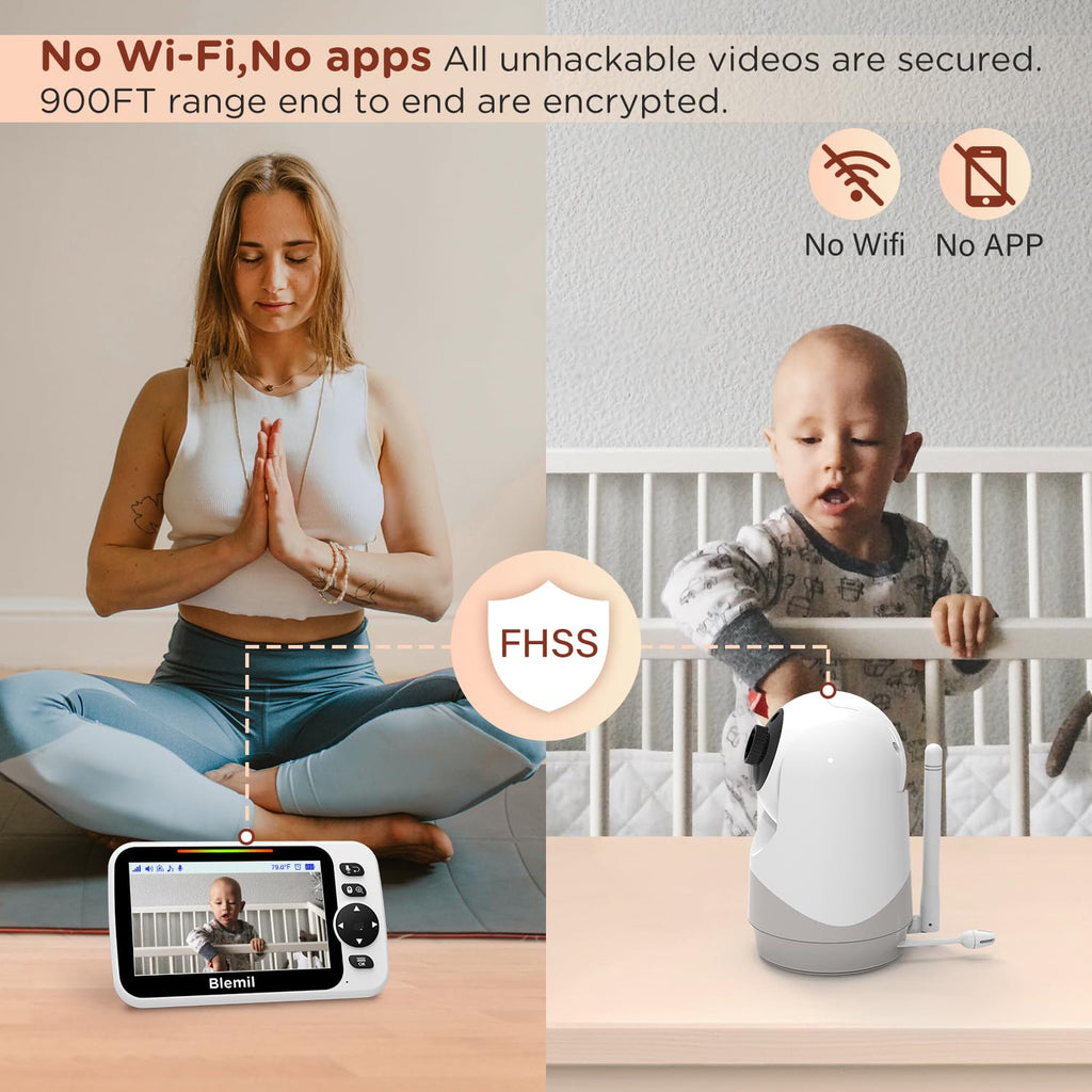 Blemil Babyphone mit Kamera und Audio 30 Stunden wiederaufladbare Batterie, 5" großer Bildschirm, ferngesteuerte Schwenk-/Neige-/Zoom-Kamera, Zwei-Wege-Gespräch, Nachtsicht, kein WiFi