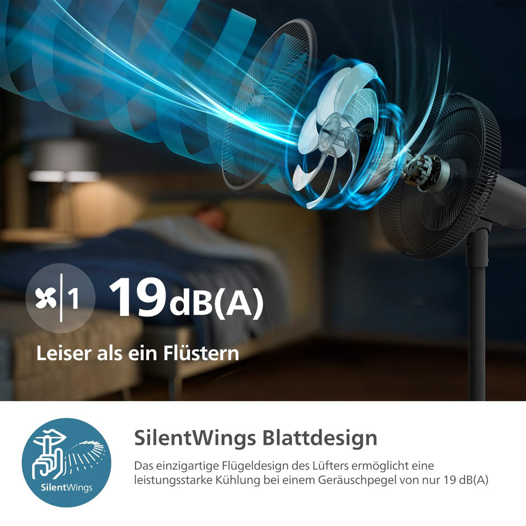 Philips Smart Standventilator Serie 3000. Starke & extrem leise SilentWings-Technologie. 19 dB. 2-in-1-Tisch- & Standventilator. Neig- & drehbar. App-Steuerung. 12-St.-Timer. Schwarz (CX3550/01)