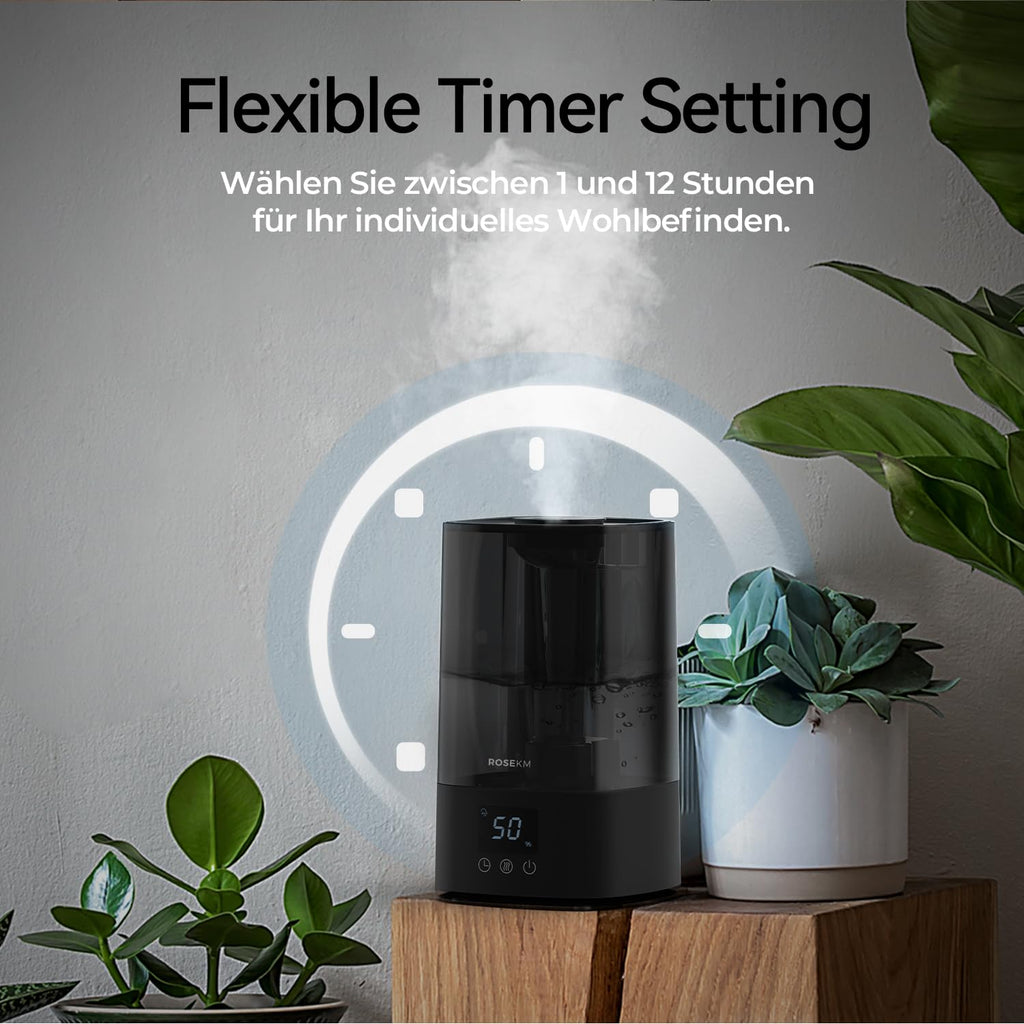Rosekm Automatischer Luftbefeuchter für Schlafzimmer & große Räume, 4,5L Kaltnebel-Befeuchter mit Timer & Feuchtigkeitssensor, bis zu 18H Laufzeit, Auto-Abschaltung, 360°-Düse (Schwarz)