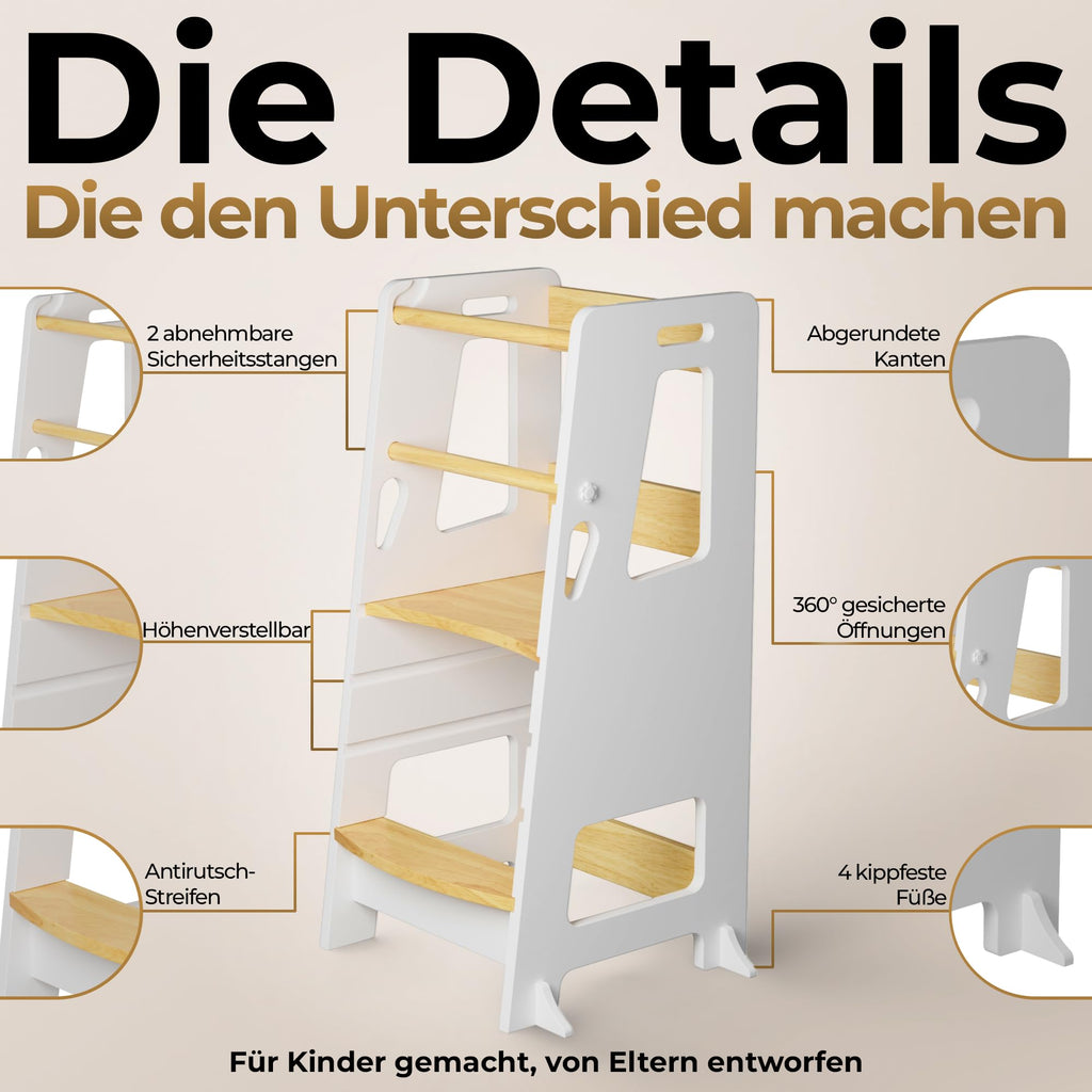 BEY & CO® Lernturm/Entdeckerturm aus Holz – Küchenhelfer für Kinder – 3-Fach höhenverstellbar, mit Rutschfester Oberfläche und kippsicheren Füßen - Montessori-Methode - Ab 12 Monaten (Weiß)