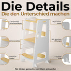 BEY & CO® Lernturm/Entdeckerturm aus Holz – Küchenhelfer für Kinder – 3-Fach höhenverstellbar, mit Rutschfester Oberfläche und kippsicheren Füßen - Montessori-Methode - Ab 12 Monaten (Weiß)