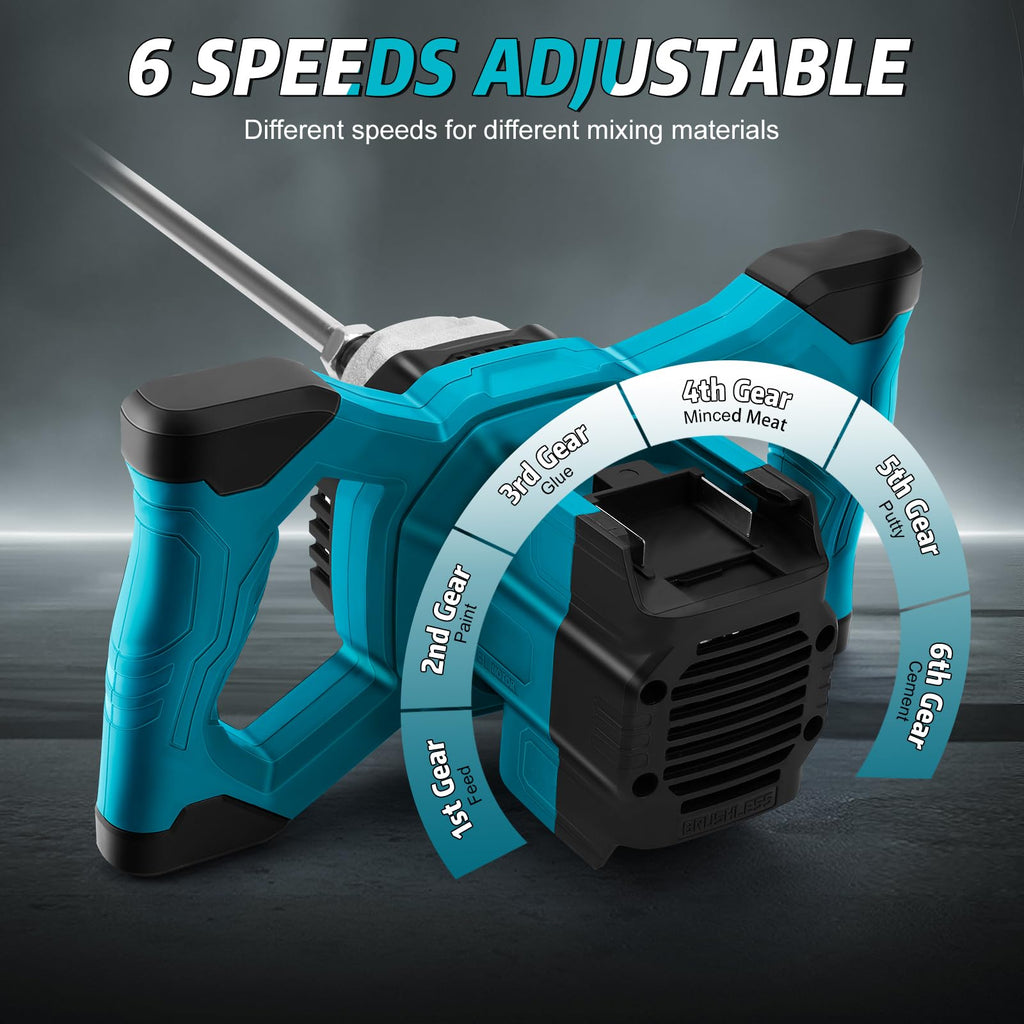 Akku Farbmörtelrührer Kompatibel mit Makita 18V Batterie, 3200W Rührwerk Mörtelrührer Zementrührer mit 2x2600mAh Akkus, 6-Gang, Brushless Farb-Mörtelrührer für Zement, Beton und Farbe