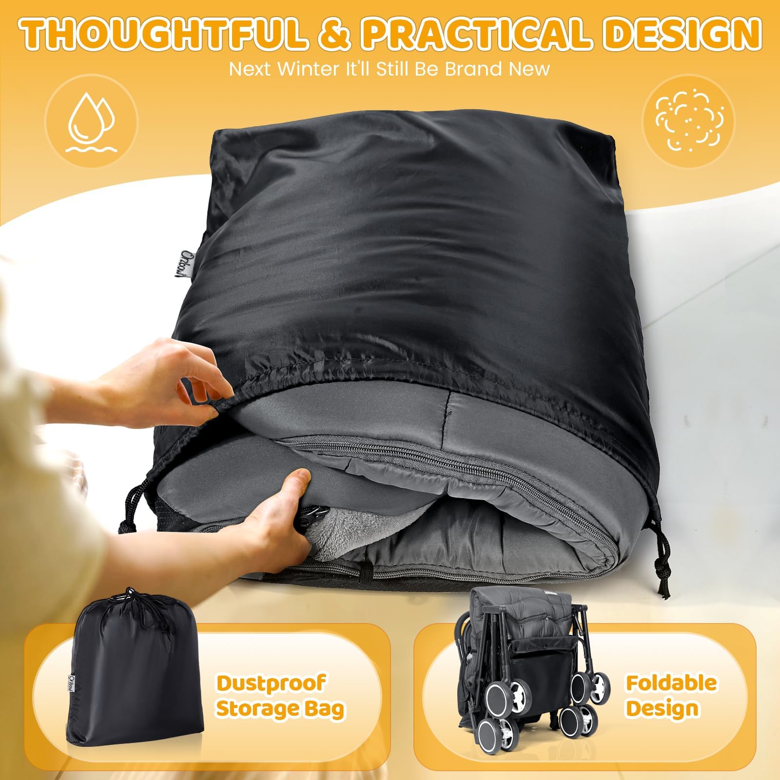 Orzbow Winter Fußsack Kinderwagen, Universeller Fußsack Buggy mit Reißverschluss, Wasserdicht Fusssack Kinderwagen Baby, Anti-Rutsch, Abnehmbar und Waschmaschinenfest, 104cm*44cm, Dunkelgrau