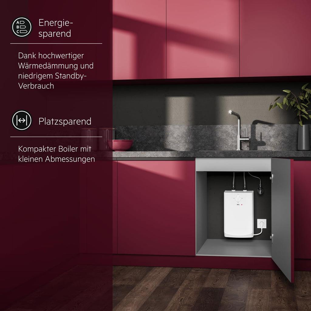 AEG Boiler BOI 5 U, Untertischboiler 5 Liter Niederdruck mit Stecker 230V für Küchenspüle + Wachbecken, 2 kW, Made in Germany, 204616