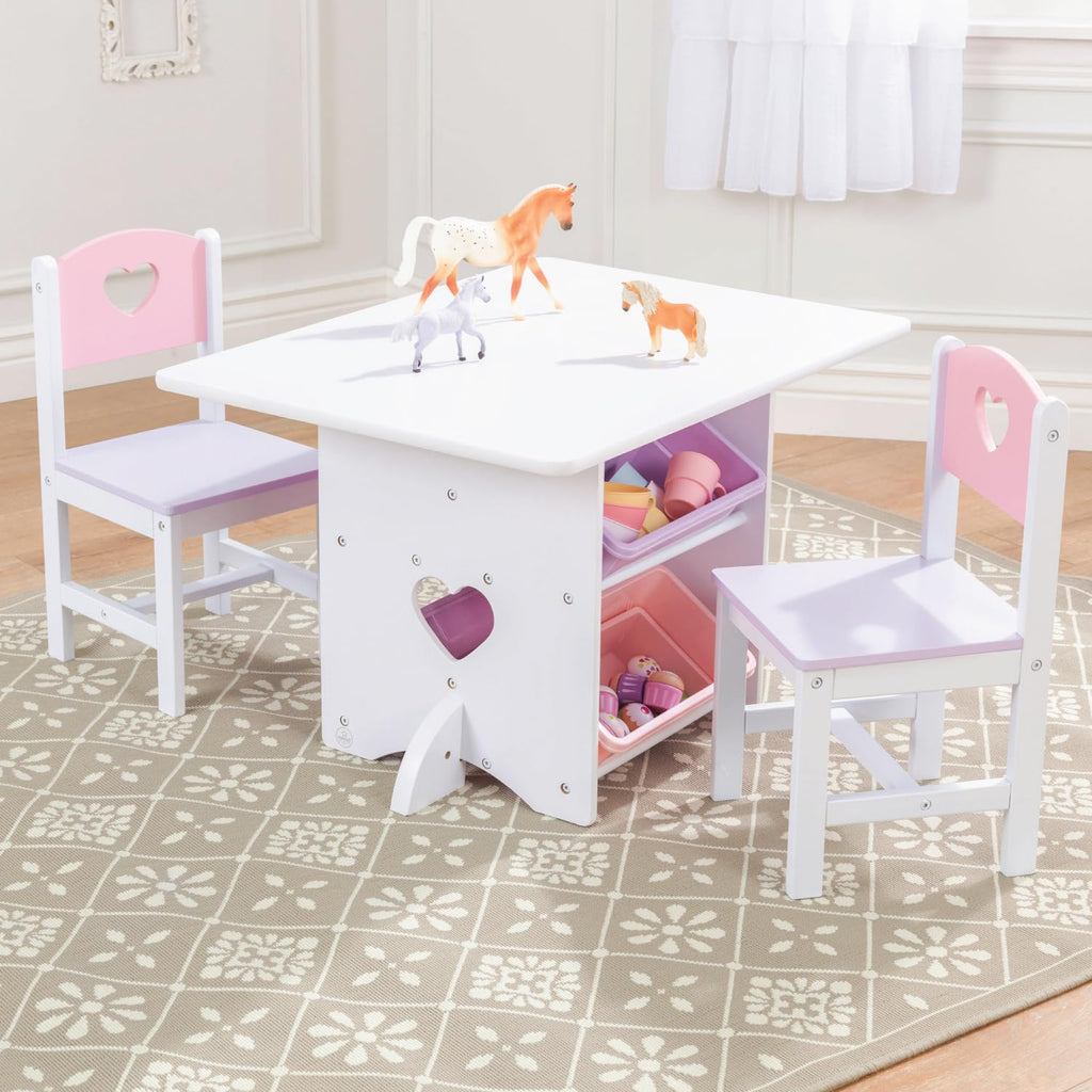 KidKraft Herz Kindertisch mit Stauraum und 2 Stühlen aus Holz - Kindersitzgruppe mit Aufbewahrungsbox, Kinder Tisch Stuhl Set, Kinderzimmer Möbel, 26913
