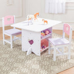 KidKraft Herz Kindertisch mit Stauraum und 2 Stühlen aus Holz - Kindersitzgruppe mit Aufbewahrungsbox, Kinder Tisch Stuhl Set, Kinderzimmer Möbel, 26913