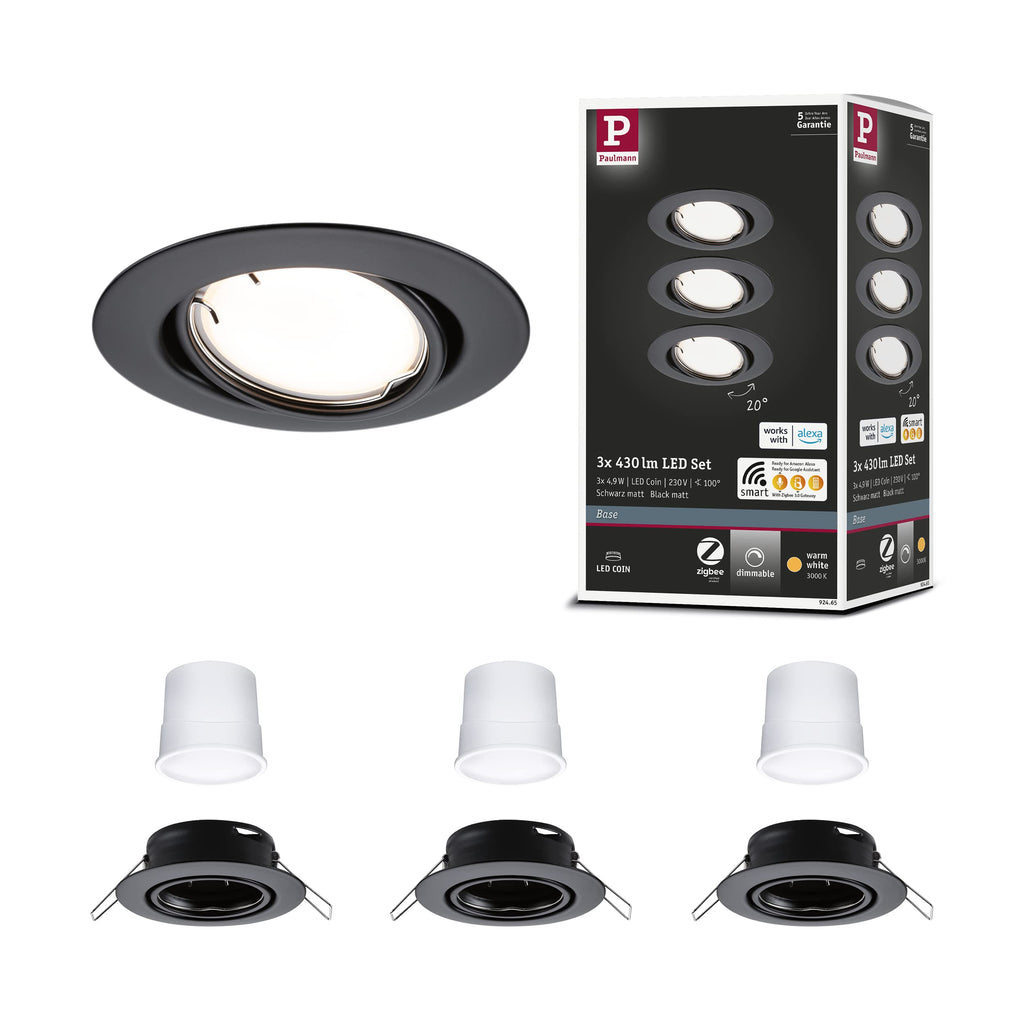 Paulmann 92465 LED Einbauleuchte Base Smart Home Zigbee Basisset schwenkbar rund 230V 3x4,9W 3x430lm dimmbar 90mm Schwarz matt Metall 3000K