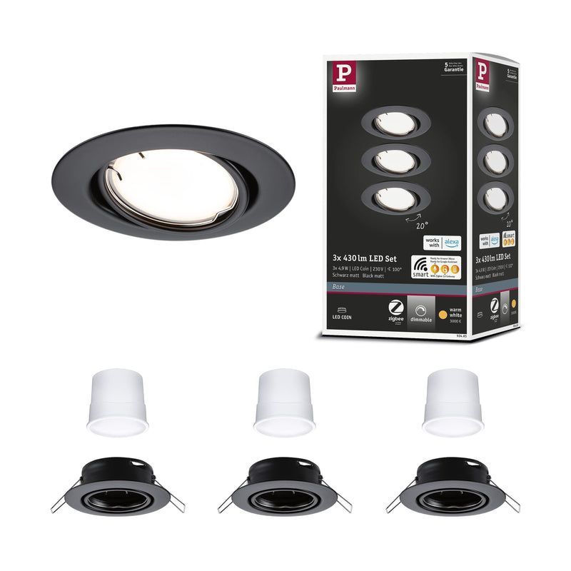 Paulmann 92465 LED Einbauleuchte Base Smart Home Zigbee Basisset schwenkbar rund 230V 3x4,9W 3x430lm dimmbar 90mm Schwarz matt Metall 3000K