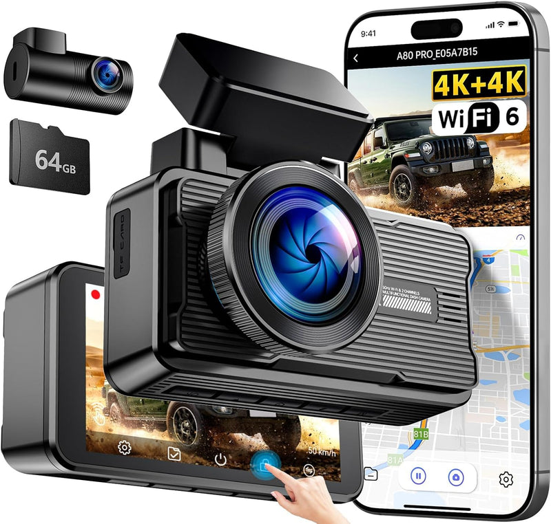 JOMISE 4K+4K Dashcam vorne und hinten, ultraschnelle Ethernet-Datenübertragung (20 Mbps) & stabiles WiFi 6, Touchscreen camera auto mit GPS, Nachtsicht, 24h Parküberwachung, Speicher bis 1TB (A80 Pro)