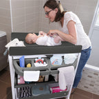 Bebeconfort Dolphy, 2-in-1 Baby Badewanne & Wickelkommode, 0 –12 Monate (max. 11 kg), Einfach Bewegbar Dank 4 Rollen, Aufbewahrungsfächer, Gepolsterte Wickelauflage, Einfache Wannenleerung, Grey Mist