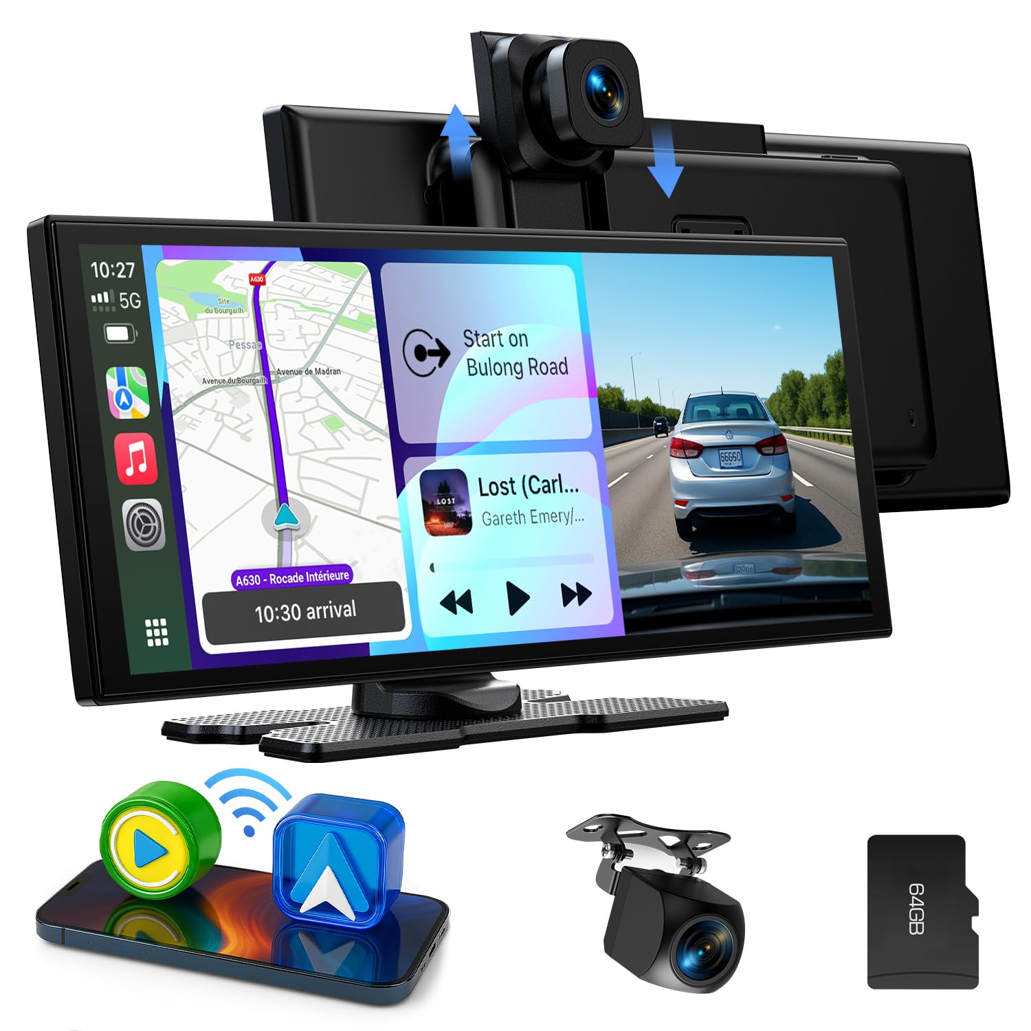 LAMTTO Wireless CarPlay Android Auto Display 10,25 Zoll In-Cell Touchscreen Car Play mit Dashcam 2.5K+1080P Sprachsteuerung Karten Navigation Bluetooth FM AUX Loop Aufnahme 64GB TF Karte
