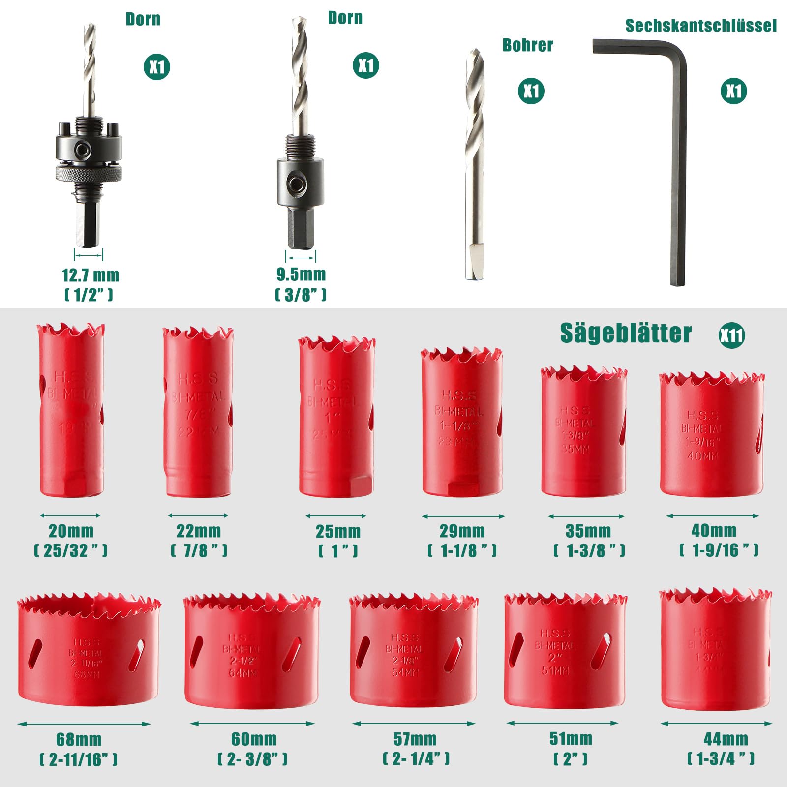 HYCHIKA Bimetall Lochsäge Set, 17tlg Lochbohrer Ø20mm-68mm, Maximale Schnitttiefe 40mm, Ideal zum Bohren von Weichmetall, Holz, PVC Platte und Kunststoffplatte