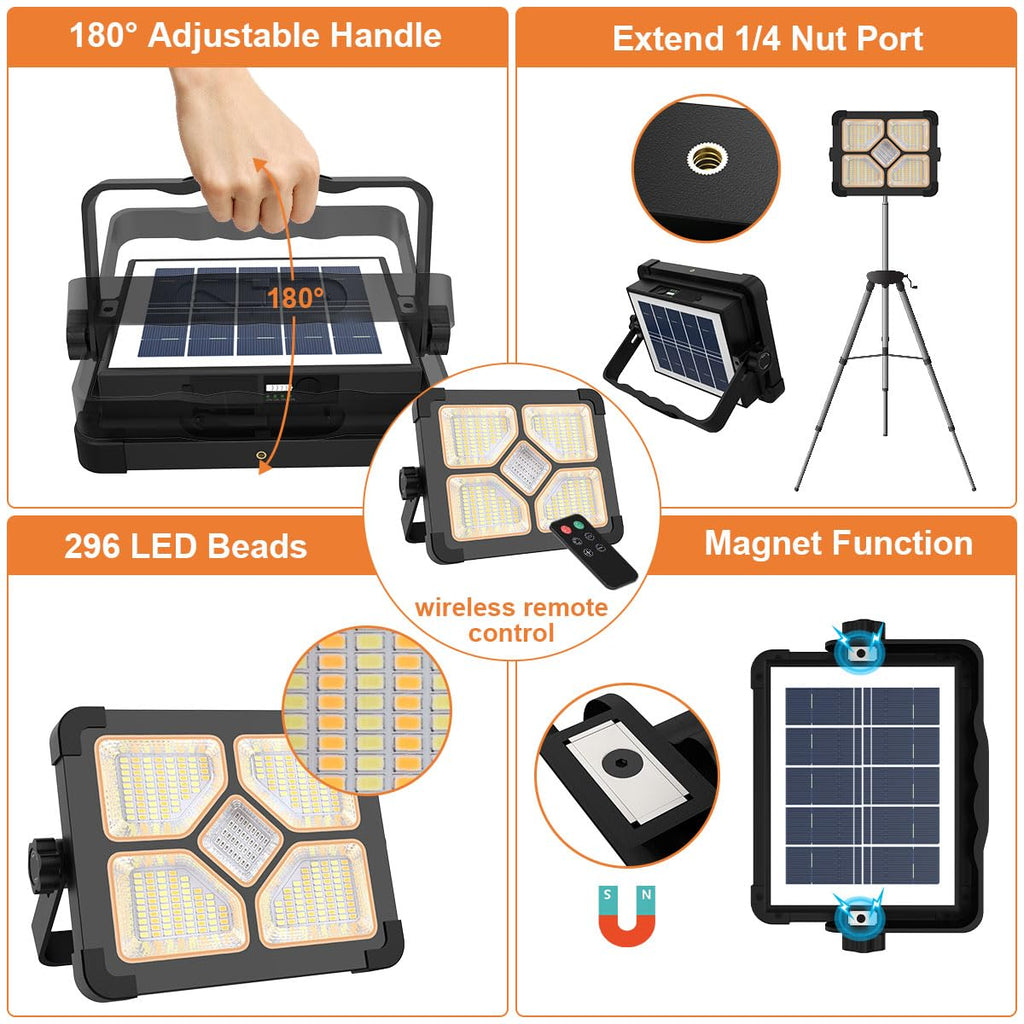 ERAY 150W LED Baustrahler Akku Solar Tragbare Mit Fernbedienung, 15000mAh LED Strahler Akku, LED Arbeitsleuchte 296 Perlen/5 Modi/USB-Wiederaufladbar, Campinglampe Tragbar für Camping Notfälle Keller