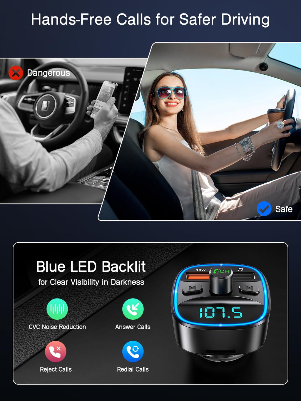 ORIA Bluetooth FM Transmitter Auto, Bluetooth 5.3 Adapter für Auto Radio, Rauschunterdrückung Mikrofon & 2 USB Aufladung, Freisprechen Carkit, unterstützt BT, SD-Karte, USB-Stick