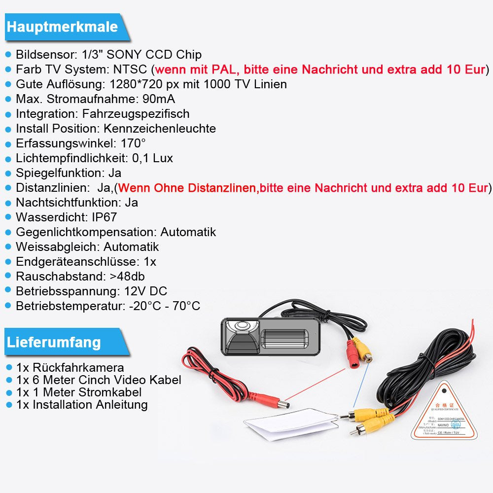 Rückfahrkamera Farbkamera Einparkkamera Nachtsicht und für Rückfahrsystem Einparkhilfe-Wasserdicht&Stoßfest für Honda Accord Civic EK/FD Odyssey Pilot Acura TSX