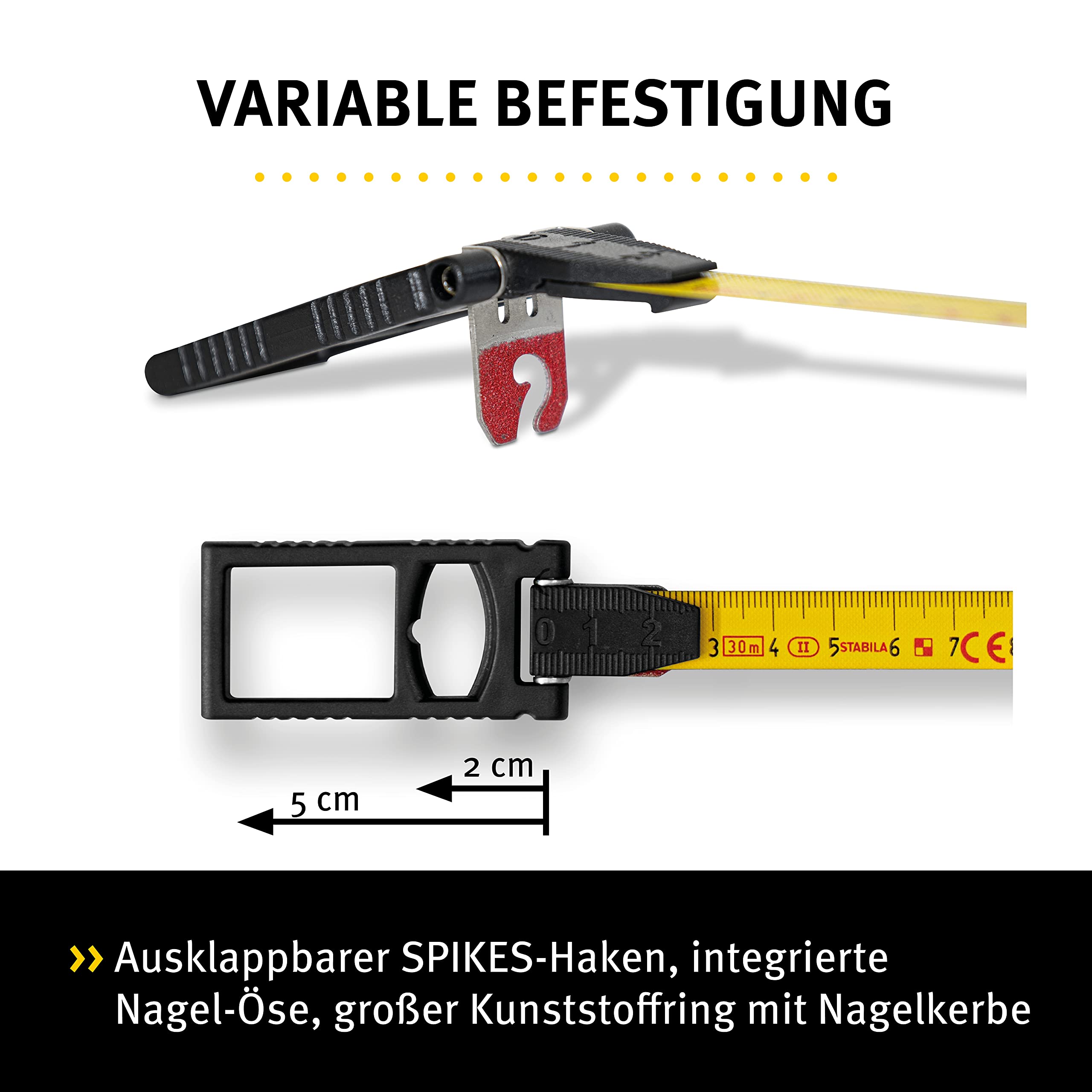Stabila Kapselbandmaß LBM 2000 STEEL, 20 m, Stahl-Messband mit metrischer Skala und NYLON-WRAP-Ummantelung, Universalhaken, bruchsichere Kapsel, MID-Genauigkeit LBM2000 ST20 Schwarz Gelb