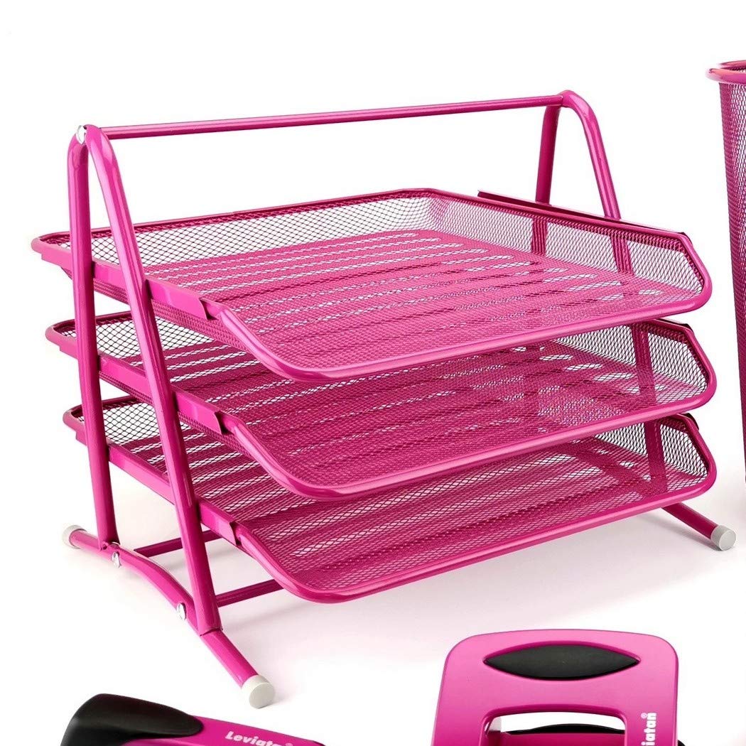 Leviatan Metall Ablage Ablagefächer | Büro Organizer Schreibtisch | Schubladen für Dokumente | 3 Schubfächer Briefablage Dokumentenablage A4 Organizer Mesh | Rosa