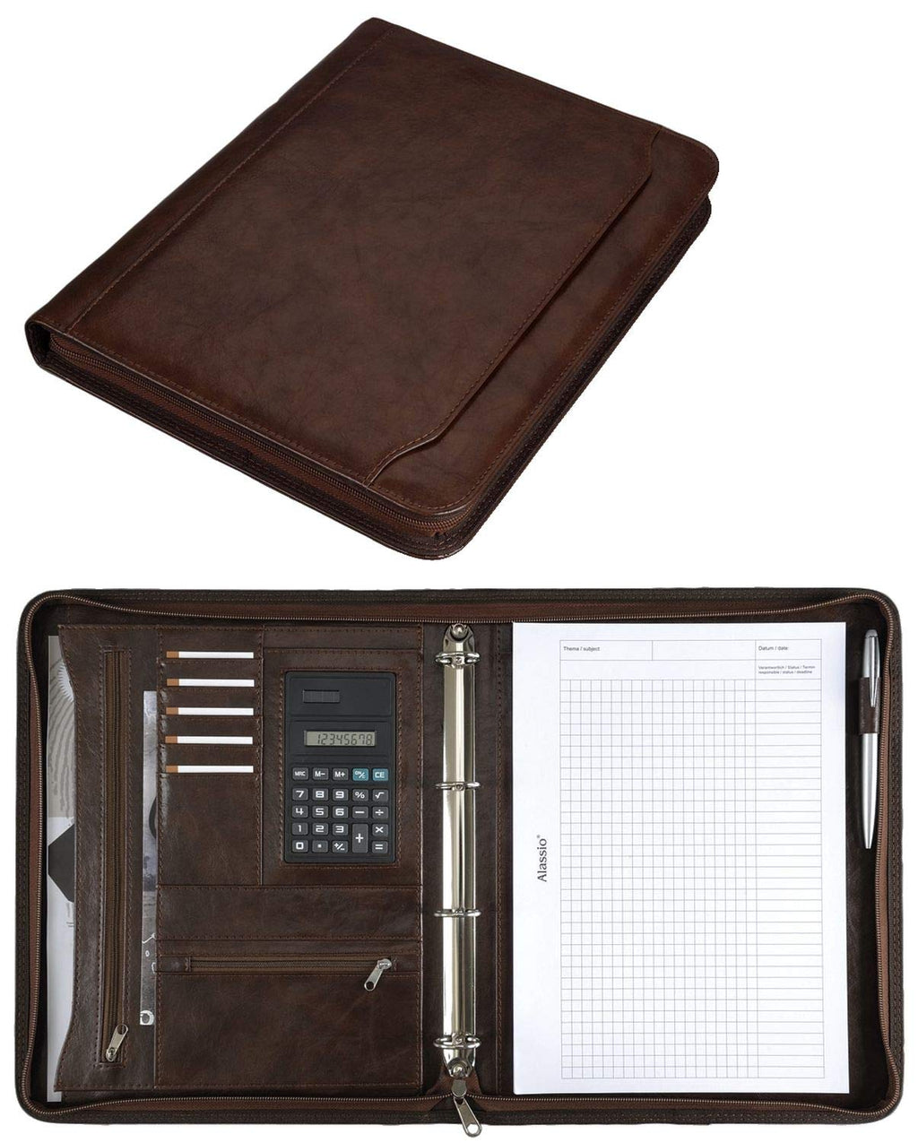 Alassio 30064 - Ringbuchmappe MASSA im DIN A4 Format, Schreibmappe aus Lederimitat, Dokumentenmappe in braun, Mappe ca. 34 x 27 x 4 cm, mit Taschenrechner