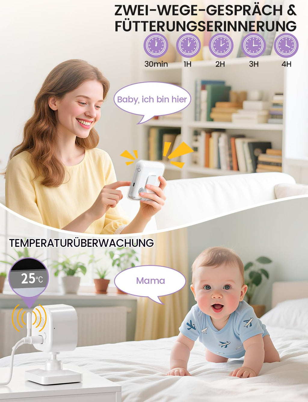 OBVHNUA Babyphone mit Kamera 720p IPS Video Babyphone 2,8" mit 2000mAh Akku Digitalzoom VOX Modus Zwei-Wege-Audio Nachtsicht Temperaturüberwachung Schlaflied Wecker