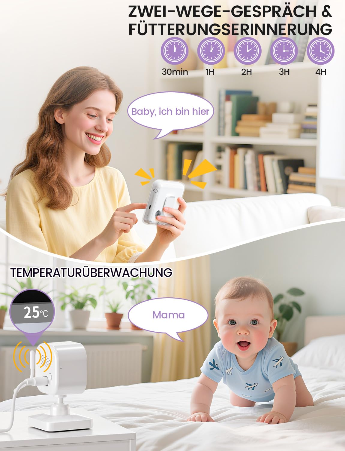 OBVHNUA Babyphone mit Kamera 720p IPS Video Babyphone 2,8" mit 2000mAh Akku Digitalzoom VOX Modus Zwei-Wege-Audio Nachtsicht Temperaturüberwachung Schlaflied Wecker