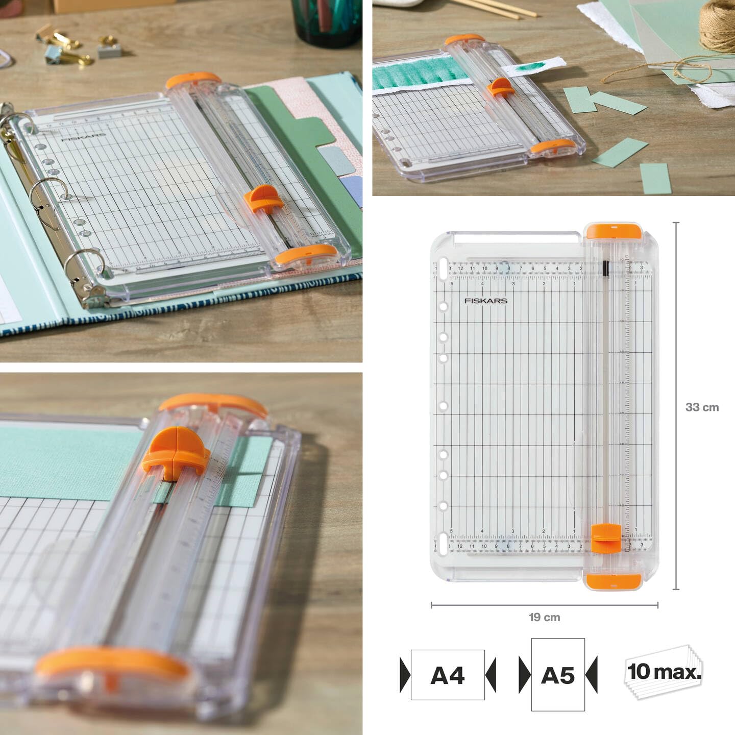 Fiskars Tragbare Papierschneidemaschine, SureCut, A5-Hochformat, A4-Querformat, Mit Schnittlinienführung, Weiß/Orange, 1077798