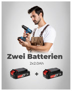 DongCheng Akku-Schlagbohrschrauber-Set 18V 50Nm, bürstenlose Schlagbohrmaschine (2x2,0 Ah), 20+1+1 Drehmomentstufen Akkubohrer, 2 Gang, 13mm Bohrfutter, inkl. Ladegerät, 19-tlg. Zubehör-Set